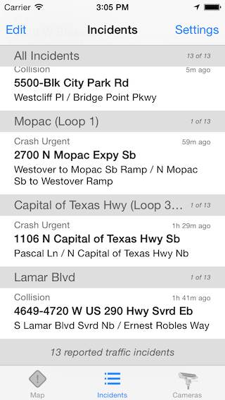 Austin Traffic iPhone app screenshot showing the list of incidents